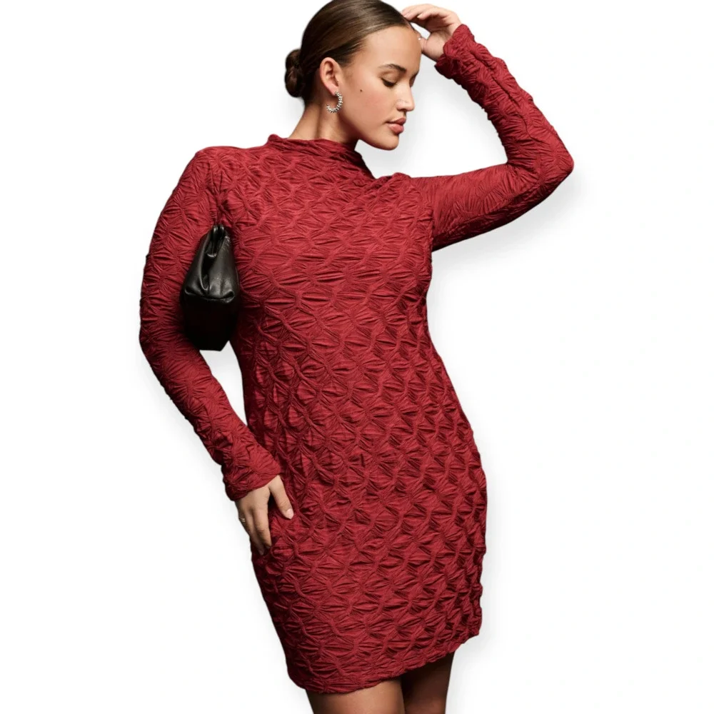 Maeve By Anthropologie Long-Sleeve Scrunch Mini Dress Wine Red XS fits M NWOT - Picture 8 of 8